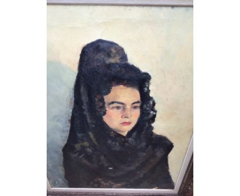 20th Century School, portrait of a lady wearing a black lace headdress, oil on canvas, 80cm by 60cm