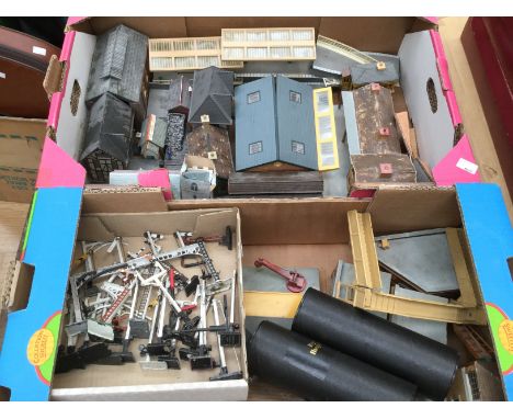 Four boxes of 00 scale model railway accessories, buildings, stations, track etc
