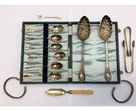 A parcel of mixed silver flatware to include a 19th Century butter knife with ivory handle 