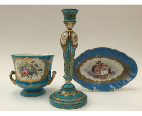 Sevres blue celeste ground two handled vase, blue cartouche mark, a later oval dessert dish open cartouche mark and a Ditto b