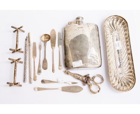 A George V silver hip flask, James Dixon & Sons, Sheffield 1916; together with a selection of flatware, pens and tray