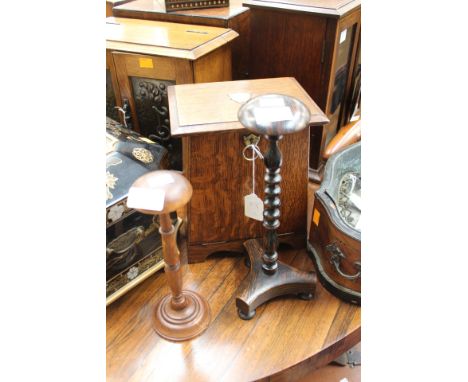 An oak stationary box, including original inkwell, with two hardwood wig stands (3) 