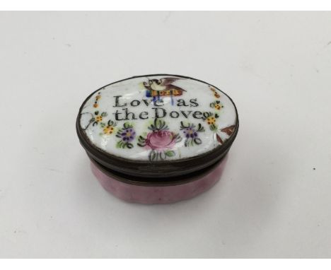 A Bilston enamelled patch box, 'Love as the Dove'