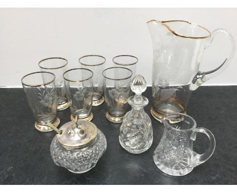A vintage etched glass pitcher and matching set of six lemonade tumblers, with gilt etching; together with cruet bottle, jug 