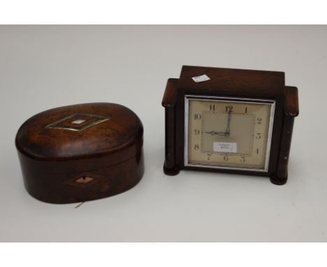 Late 19th century walnut box with mother of pearl inlay, along with a mantle clock 