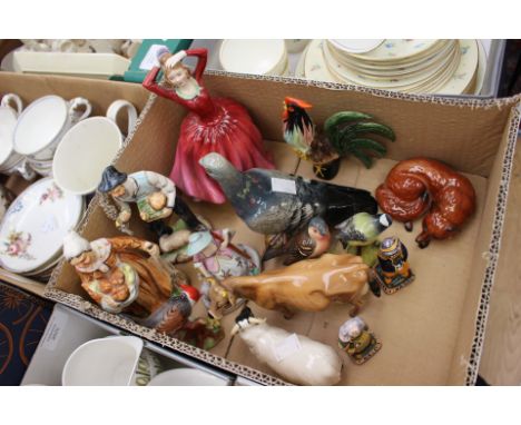 Beswick pigeon ref. 1383, Beswick fox 1017, sheep, cow, two birds, Henriot Quimper figures, Royal Doulton Katrina, HN 2327 et