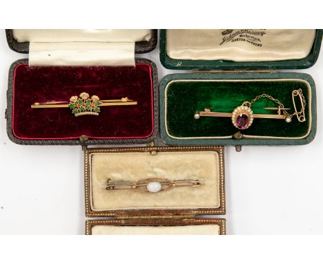A 9ct green enamel Coronet brooch, a brooch set opal and a garnet and pearl cluster brooch, in boxes (3)   