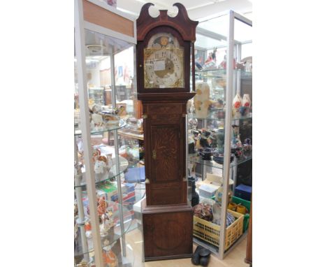 A longcase clock, silvered dial with brass detail, applied inlaid detail, applied inlaid detail, no name, moon phase swan nec