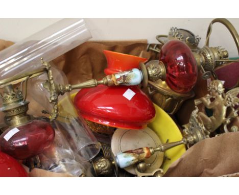 A wall hanging, brass oil lamp and base, oil lamps parts, clock parts, oil lamps and globes, continental 