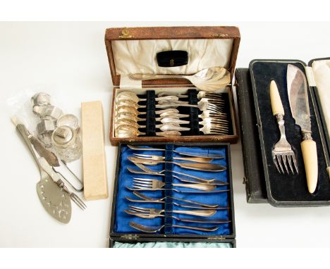 Seven silver napkin rings approx 3 ozt; silver topped cut glass jar; cased EPNS flatware, fish servers, etc 