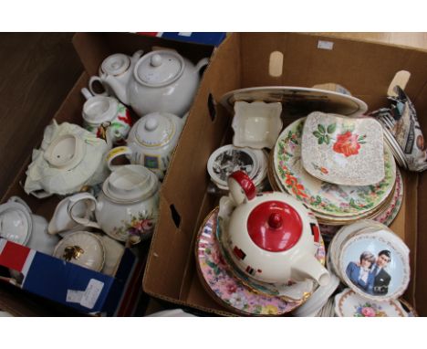 A Palissy Art Deco style teapot; together with a collection of teapots and limited edition bone china plates, trinket dishes,