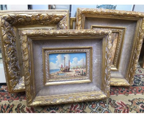 R..Wilson, a beach scene with figures, signed l.r., oil on board in gilt frame, 10cm by 16cm, together with another two beach