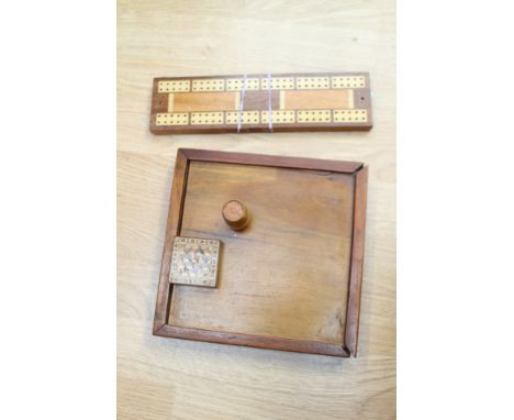 19th Century games including Tunbridge Ware puzzle in box, chess set, cribbage board, etc 