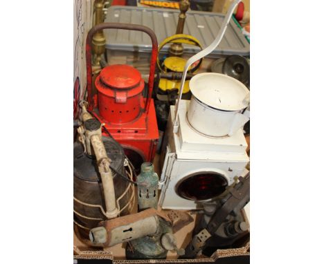 A collection of mainly BR (M), railway lamps (4), a hurricane lamp, three blow torches