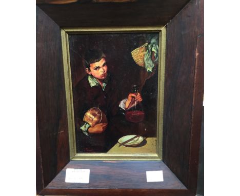 J. Fayat, portrait of boy with a carafe of wine, signed l.l., framed, 18cm by 13cm