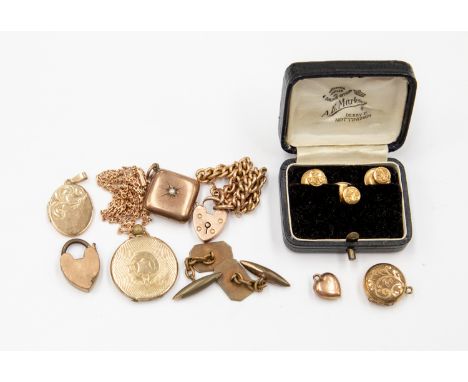 A 9ct gold chain, a locket clasp link 9ct gold bracelet, a rose meta and seed pearl locket and a 9ct gold locket; together wi