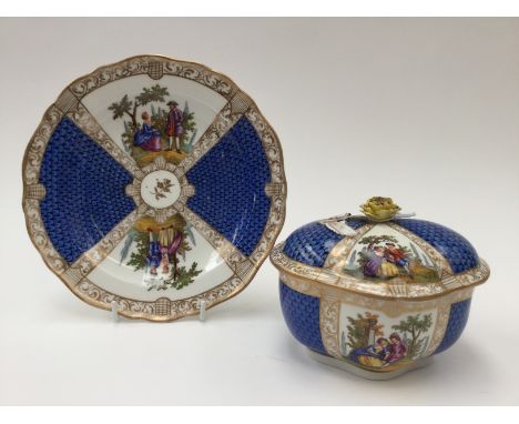 Meissen sucrier and cover on stand, having blue scale borders with late 19th Century Cert.