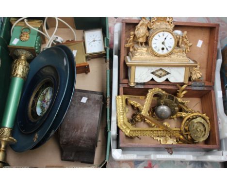 Empire style modern lamp stand, clock parts, wall plaques, clocks etc (2 boxes) 