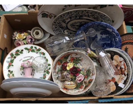 An early 19th century rivetted etched decanter, etched glassware 1970 Christmas plates, onwards, Spode blue Italian etc (1 bo