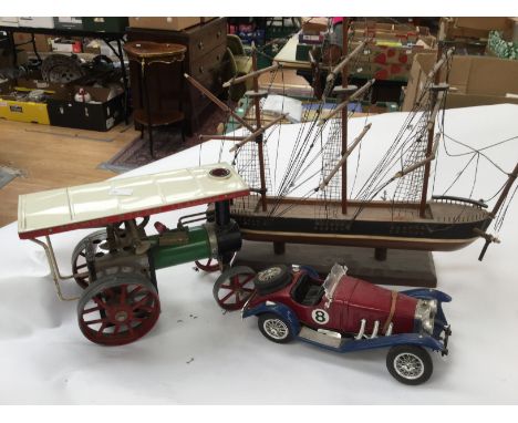 Rigged sailing ship, Mamod steam traction engine, toy car a/f