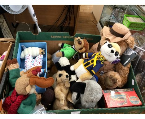 A box of soft toys to include Landrover Teddy Bear, Meerkat family, Shaun The Sheep and Sweep etc (1 box)