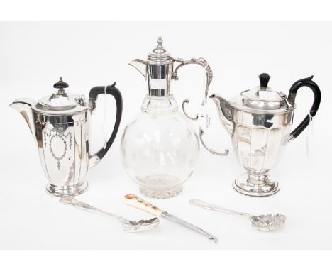 Silver plated and cut glass claret jug; together with plated water jugs and flatware 