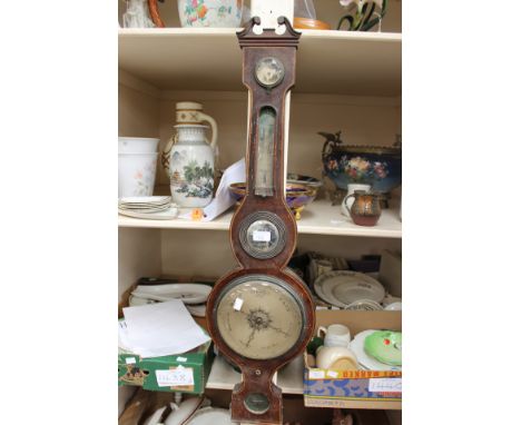 A 19th Century mahogany banjo barometer and thermometer, boxwood strung