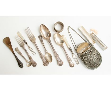 A parcel of mixed silver flatware, white metal purse