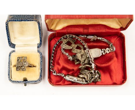 Two Art Deco silver and paste/marcasite watches, silver and marcasite ring and silver and marcasite drop earrings (5)
