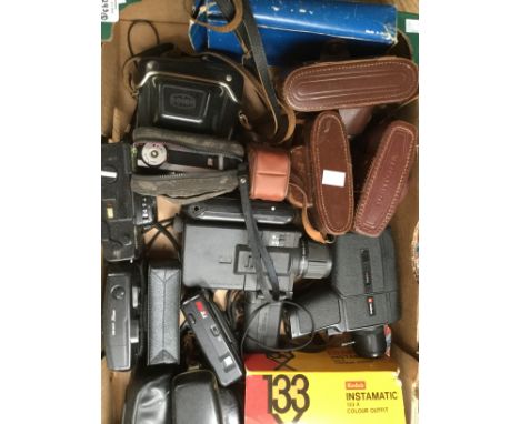 Two trays of collectable cameras to include Pentona, FED 3, Beier, etc and three empty camera bags 