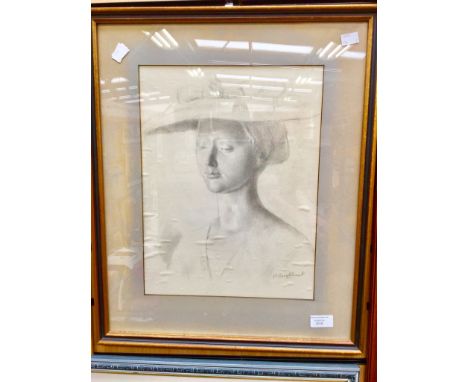 Gerlad L. Brockhurst pencil sketch of woman in sun hat, signed to bottom right, framed and glazed 