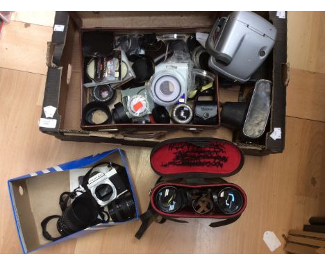 Cameras: One box of assorted cameras to include: Pentax K1000 camera body, Sigma UC Zoom 28-70mm 1:3.5-4.5 lens, Sigma Mini-W