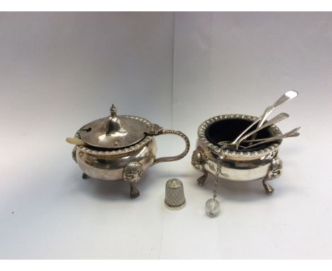 Three silver salt spoons; pickle fork; thimble; a pair of EPNS cauldron salt and mustard