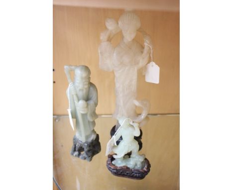 Three various Chinese figures, comprising soapstone figure, a figure of a woman with a duck, together with a green jade a you