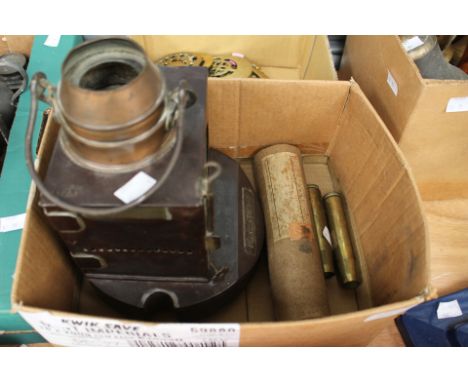 Welsh copper hand held oil lamp, two shell cases etc (1 box) 