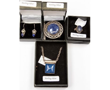 Lapis Lazuli style sterling silver Celtic brooch, ring, pendant and earrings with additional moonstones (4)
