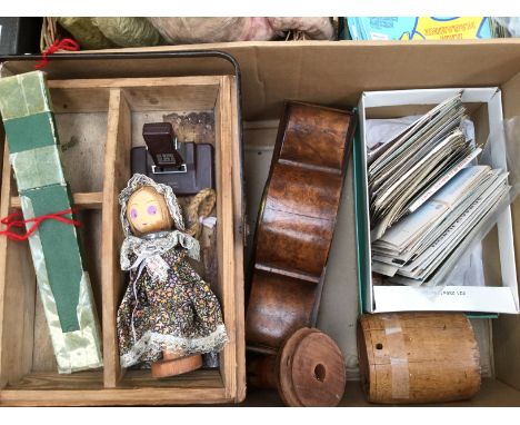 Treen and burr walnut mantle clock, including novelty string dispencer in the form of a bottle, shoe-shine box having metal h