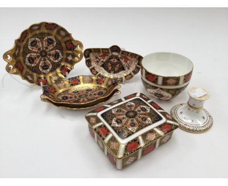 Royal Crown Derby 1128 Imari trinket box and cover, four trinket dishes and a goblet a/f, all first quality (7)