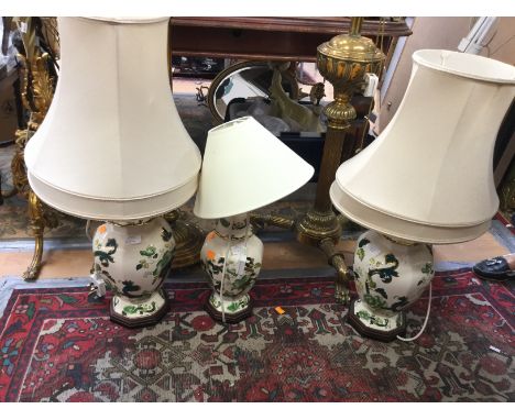 Three Masons Ironstone lamp bases with shades, Chartreuse' pattern