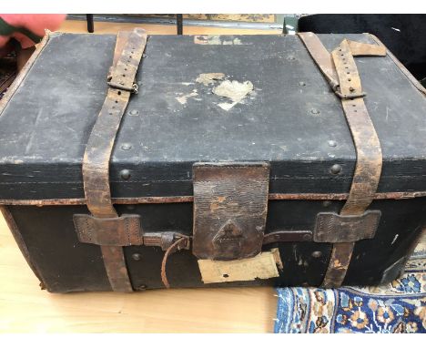 An Army & Navy Co-op suppliers fabric covered trunk, having orignal leather binders holding the covers in place, original met