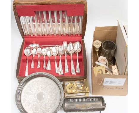 An oak canteen of cutlery, two drawers with hinged cover, including sauce ladles, knife rests, etc, some pieces of cutlery mi