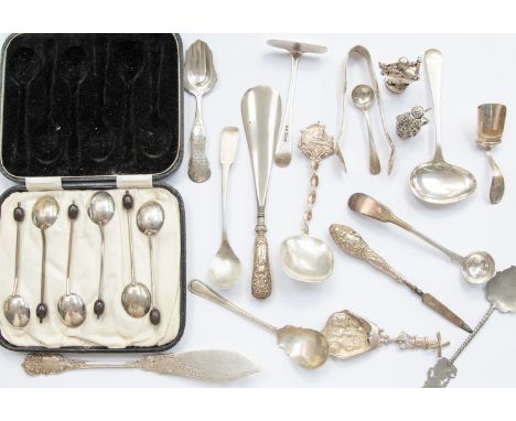 A collection of silver including flatware, condiment spoons, cased set of coffee bean spoons, Dutch silver etc