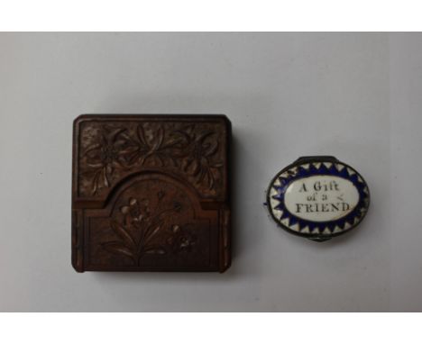 A Bilston enamel Patch Box, 'A Gift of A Friend' a/f, together with a silver cased pocket watch in wooden carved travelling w