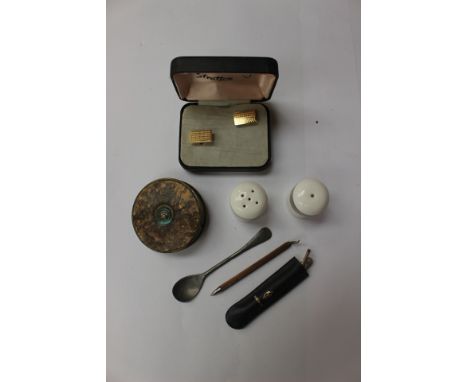 A 'Concorde' cruet set, Royal Doulton, an extending tape measure 33ft, a pair of Stratton boxed cufflinks, an 18th century pe