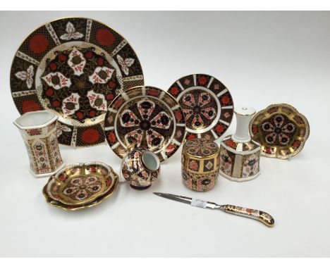 Royal Crown Derby 1128 pin tray, saucer, dish trinkets, letter knife, plus Ronson Imari lighter, Abbeydale plate and dish 911