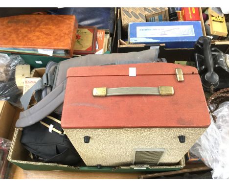 Cannon cased camera, Praktica cased camera, lenses light meter, etc with Defiant reel to reel portable tape recorder (1 box) 
