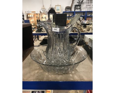 SPLENDID ANTIQUE CUT GLASS CHAMBER JUG AND BASIN