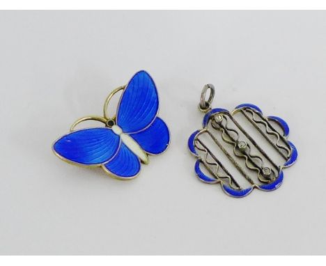 Norwegian silver and enamel butterfly brooch together with a silver and enamel circular paste set pendant (2) 