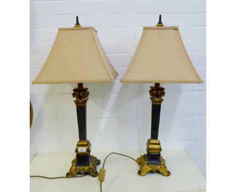 A pair of fluted column table lamp bases complete with shades, 47cm high, excluding fitting,(2)