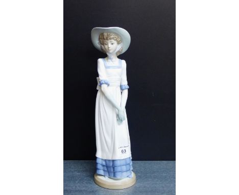 A NAO porcelain figure of a girl with long dress and sun hat, 32cm high